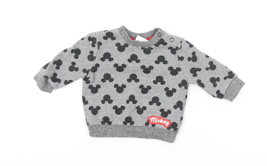 Front view of Disney Baby Baby Grey Geometric Cotton jumper, size 0-3, Months Snap - Mickey Mouse