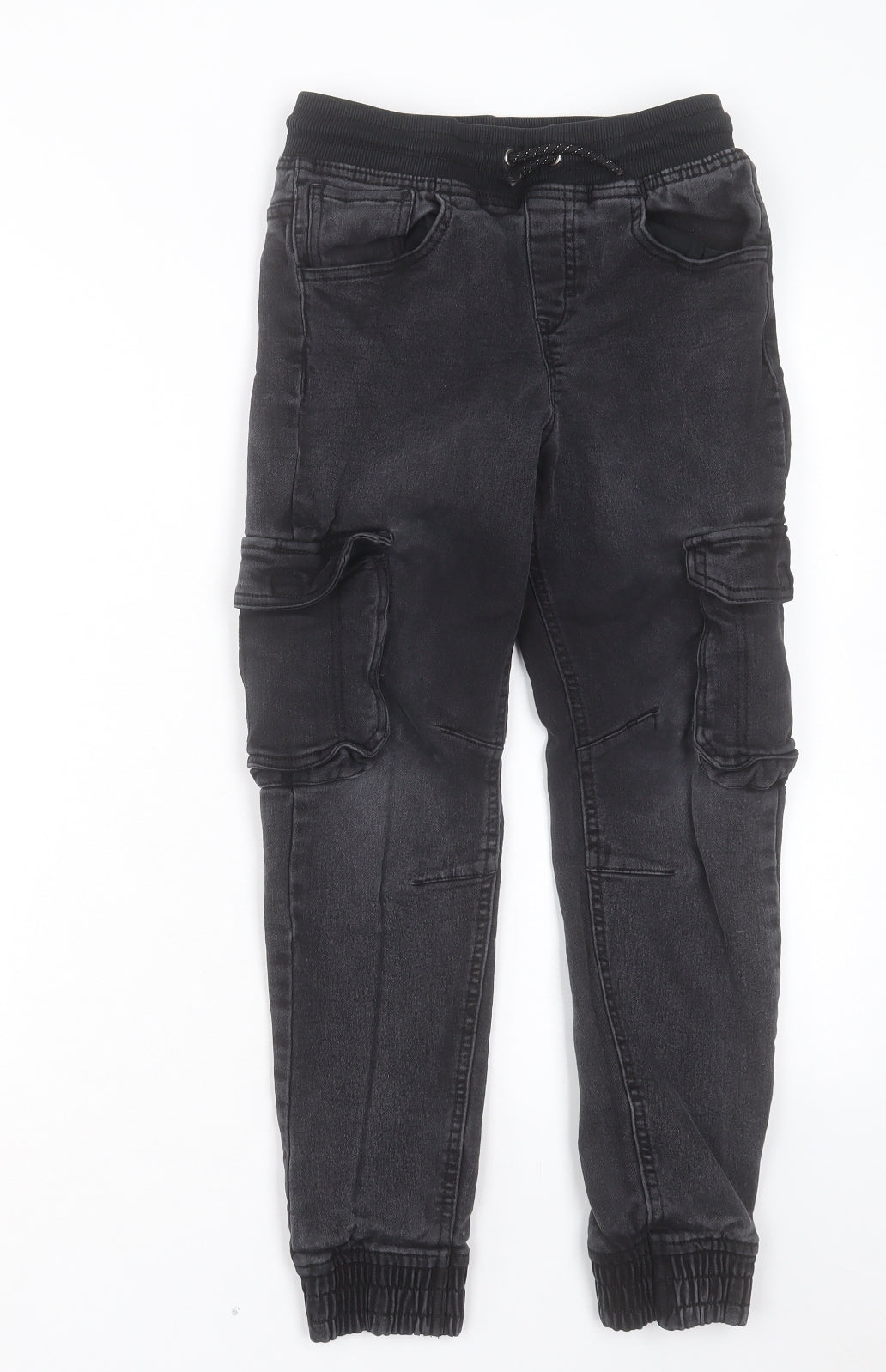 F&F Boys Black Cotton Cargo Trousers Size 10-11 Years Regular Drawstring