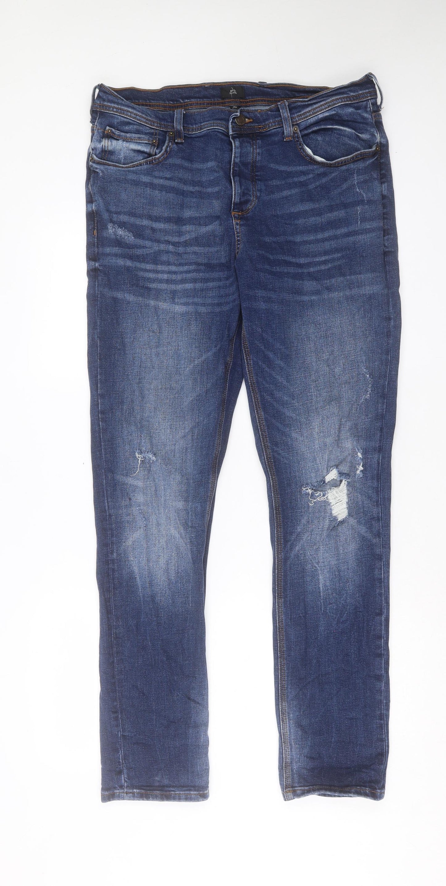 River Island Mens Blue Cotton Straight Jeans Size 36 in L34 in Regular Button