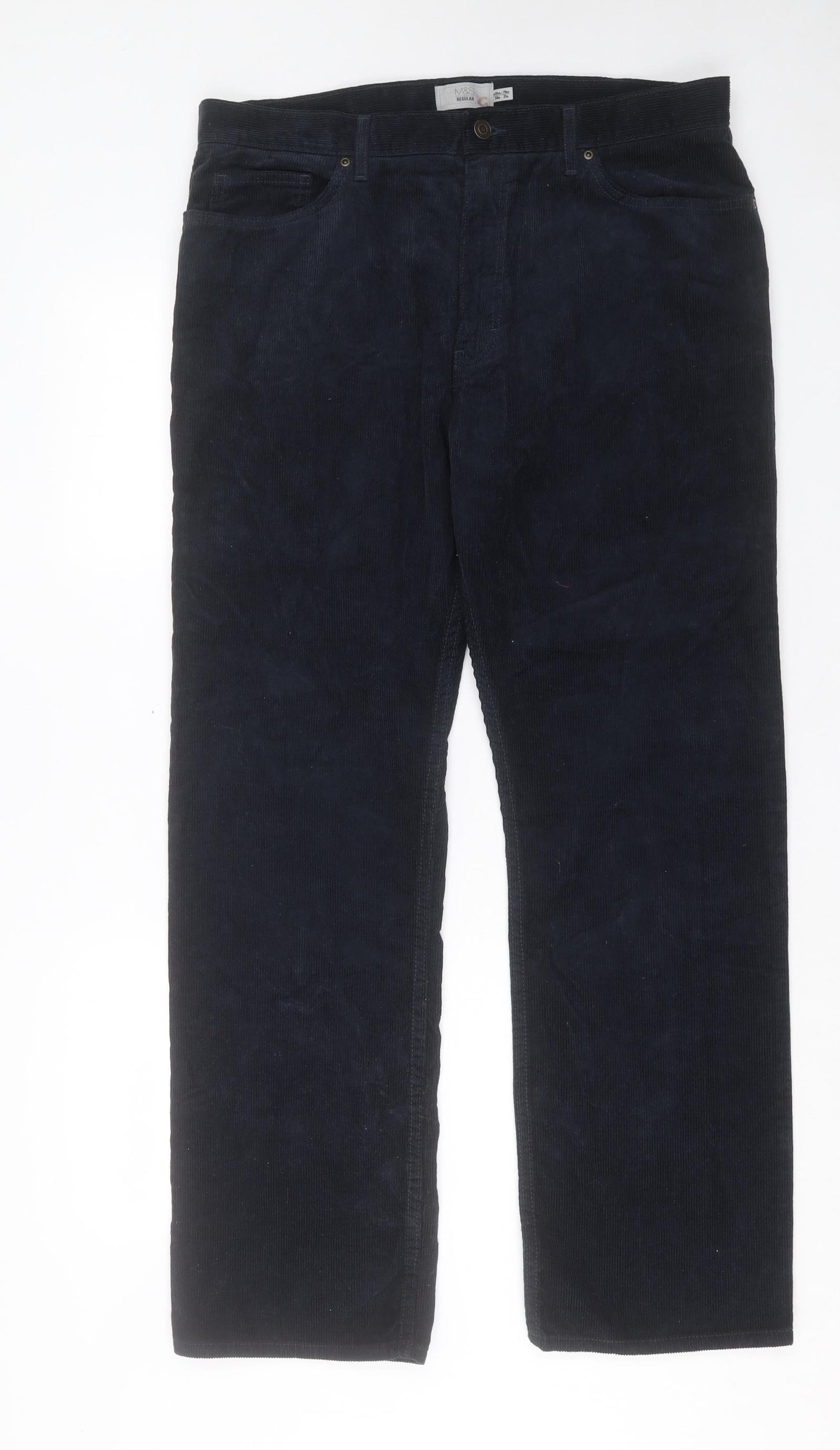 Marks and Spencer Mens Blue Cotton Trousers Size 36 in L31 in Regular Button