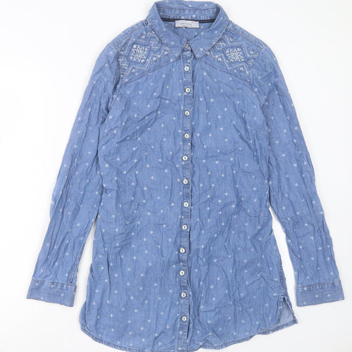 Marks and Spencer Womens Blue Geometric Cotton Shirt Dress Size 10 Collared Button