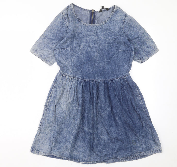 New Look Womens Blue Cotton A-Line Size 10 Crew Neck Zip