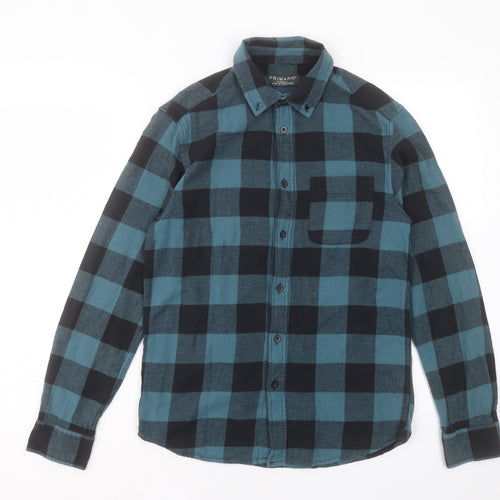 Primark Mens Blue Plaid Cotton Button-Up Size XS Collared Button - Pocket Detail
