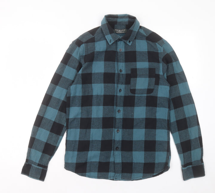 Primark Mens Blue Plaid Cotton Button-Up Size XS Collared Button - Pocket Detail