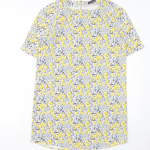Warehouse Womens Yellow Floral Polyester A-Line Size 14 Crew Neck Zip