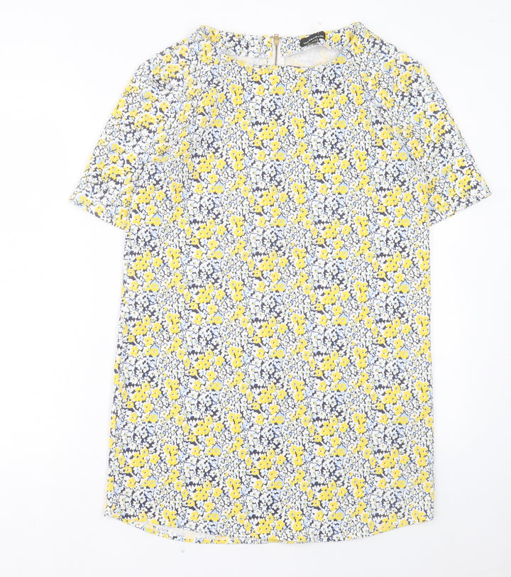 Warehouse Womens Yellow Floral Polyester A-Line Size 14 Crew Neck Zip