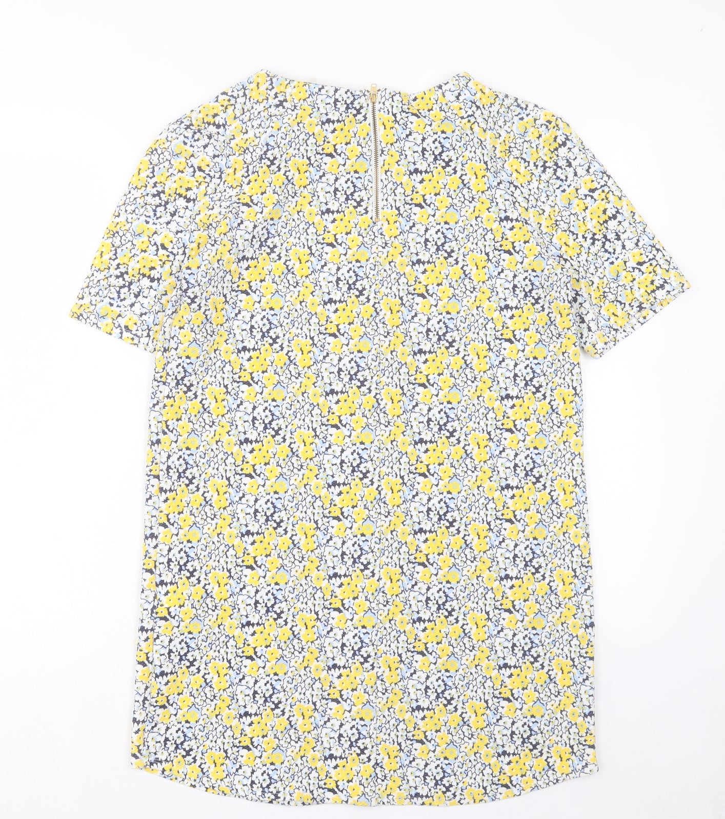 Warehouse Womens Yellow Floral Polyester A-Line Size 14 Crew Neck Zip