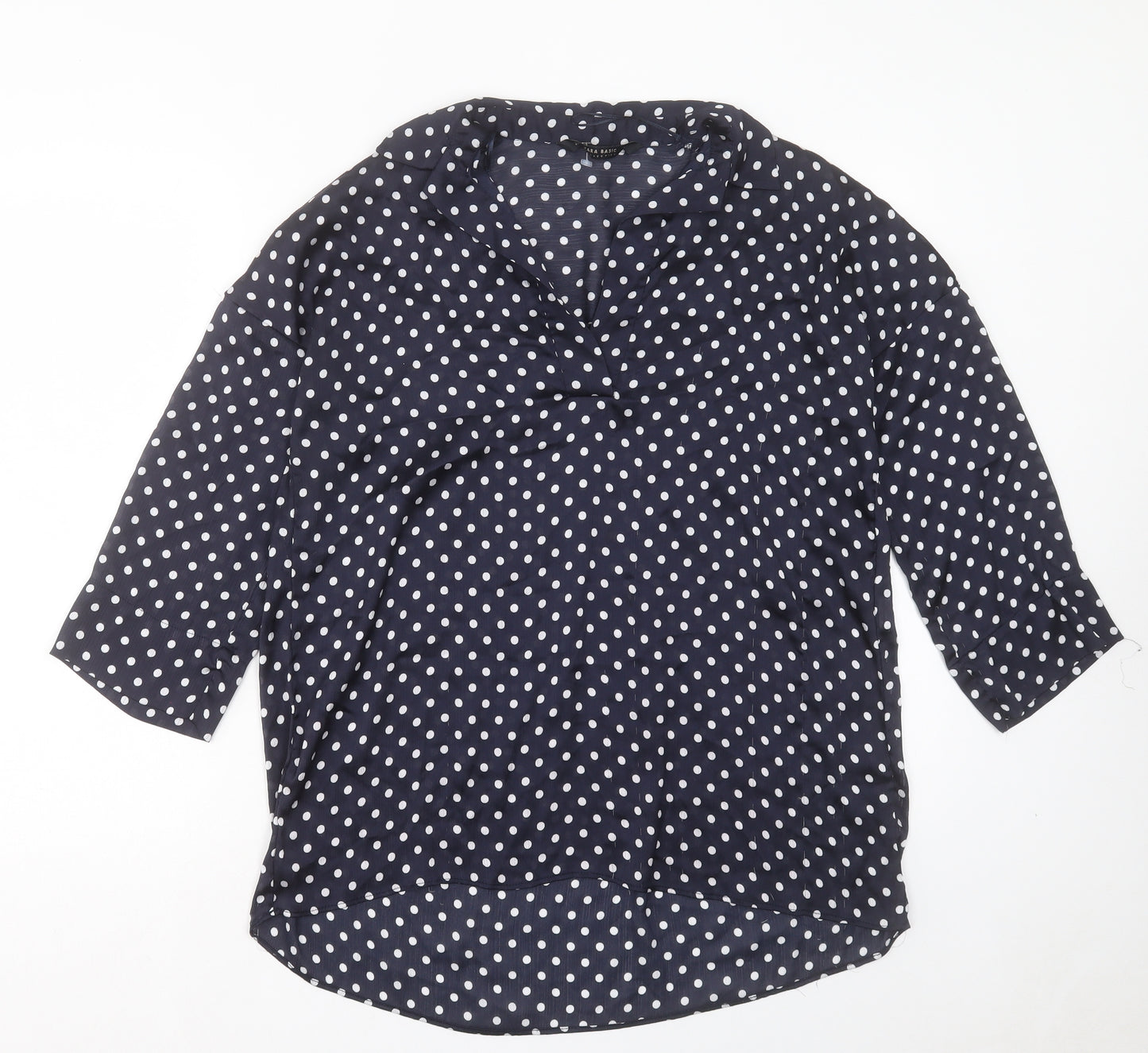 Zara Womens Blue Polka Dot Polyester Basic Blouse Size S V-Neck
