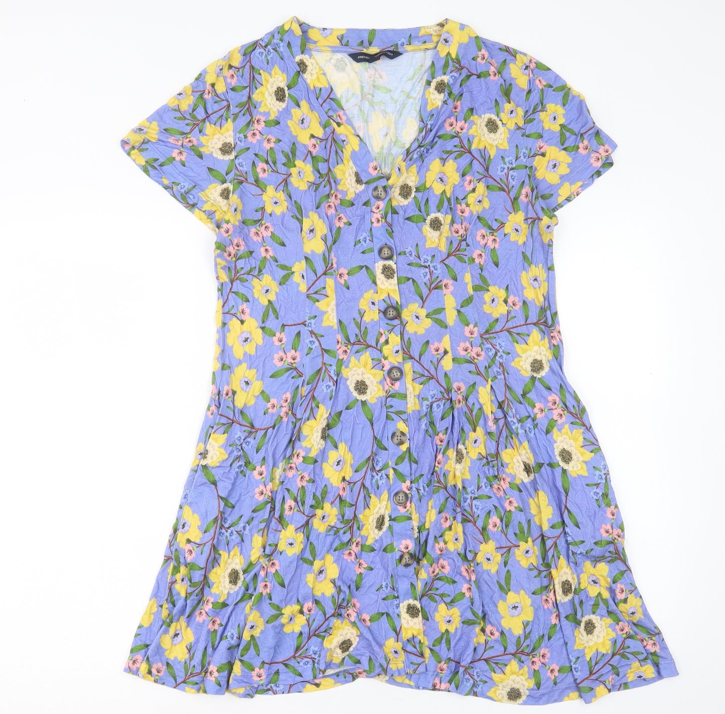 French Connection Womens Blue Floral Viscose A-Line Size 14 V-Neck Pullover