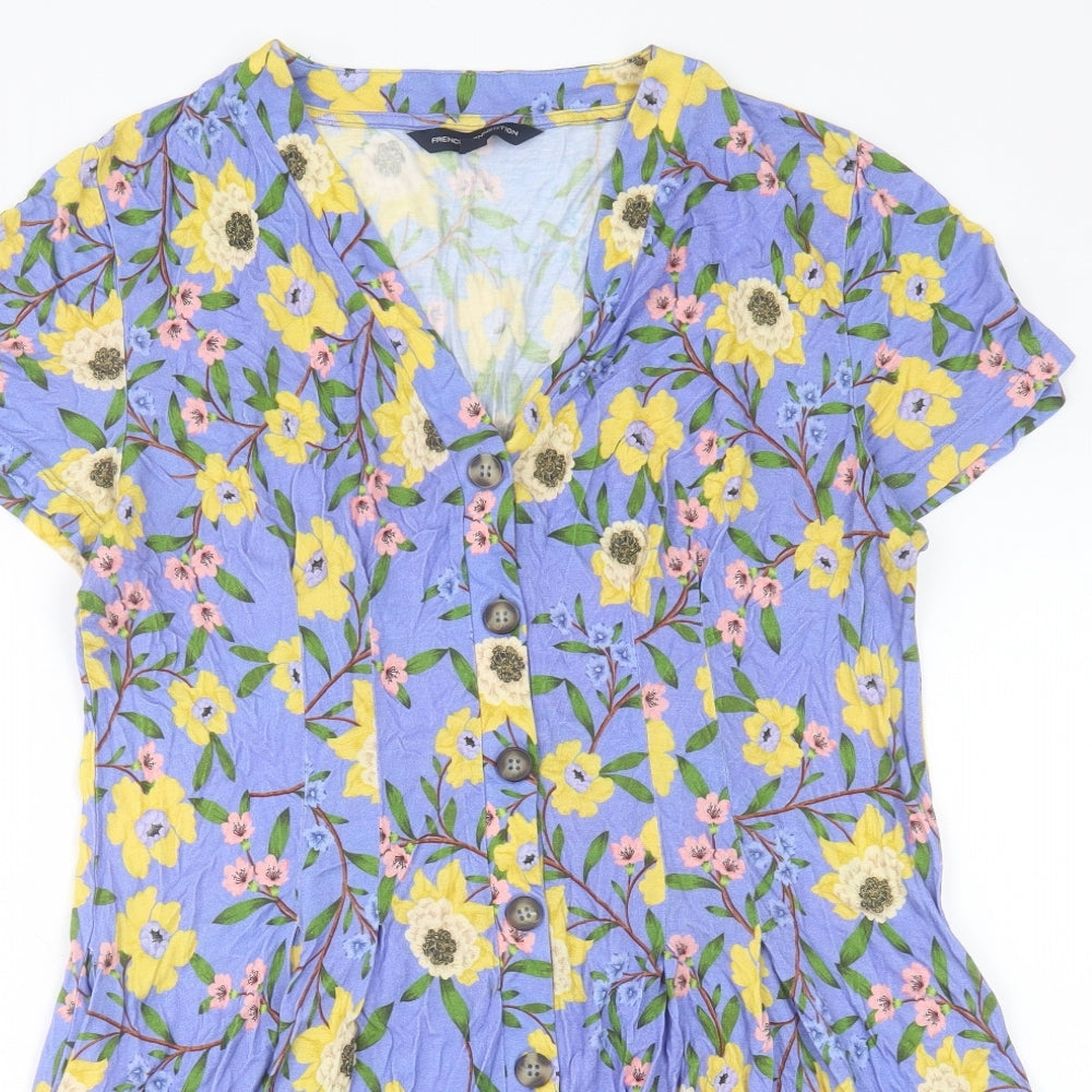 French Connection Womens Blue Floral Viscose A-Line Size 14 V-Neck Pullover