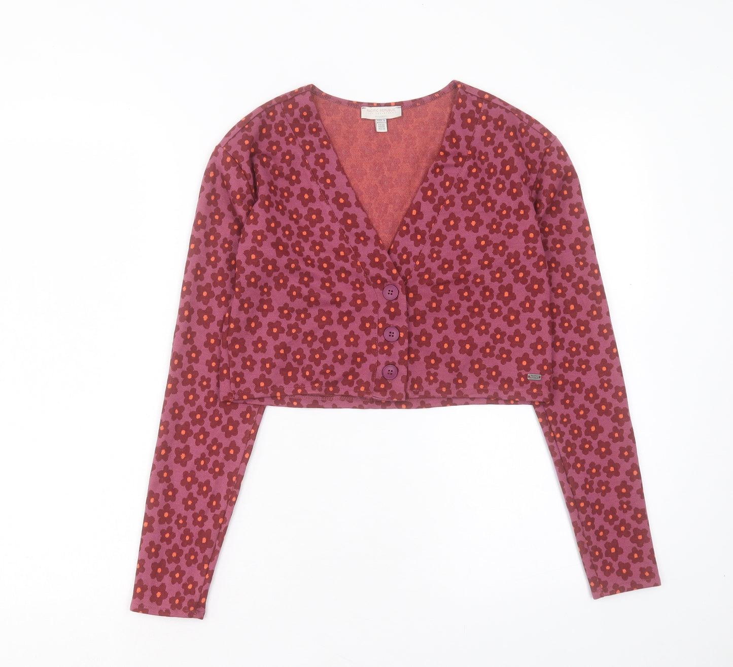Pacific Republic Womens Purple V-Neck Floral Acrylic Cardigan Jumper Size XS