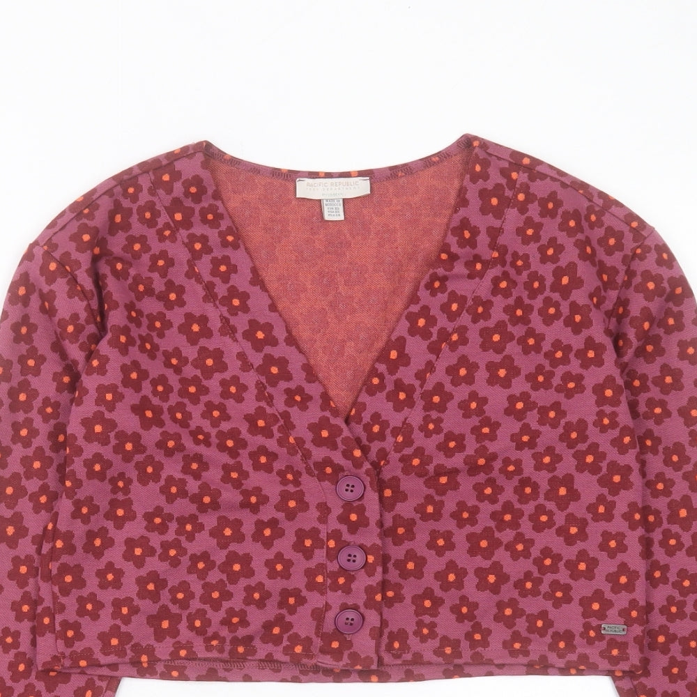 Pacific Republic Womens Purple V-Neck Floral Acrylic Cardigan Jumper Size XS