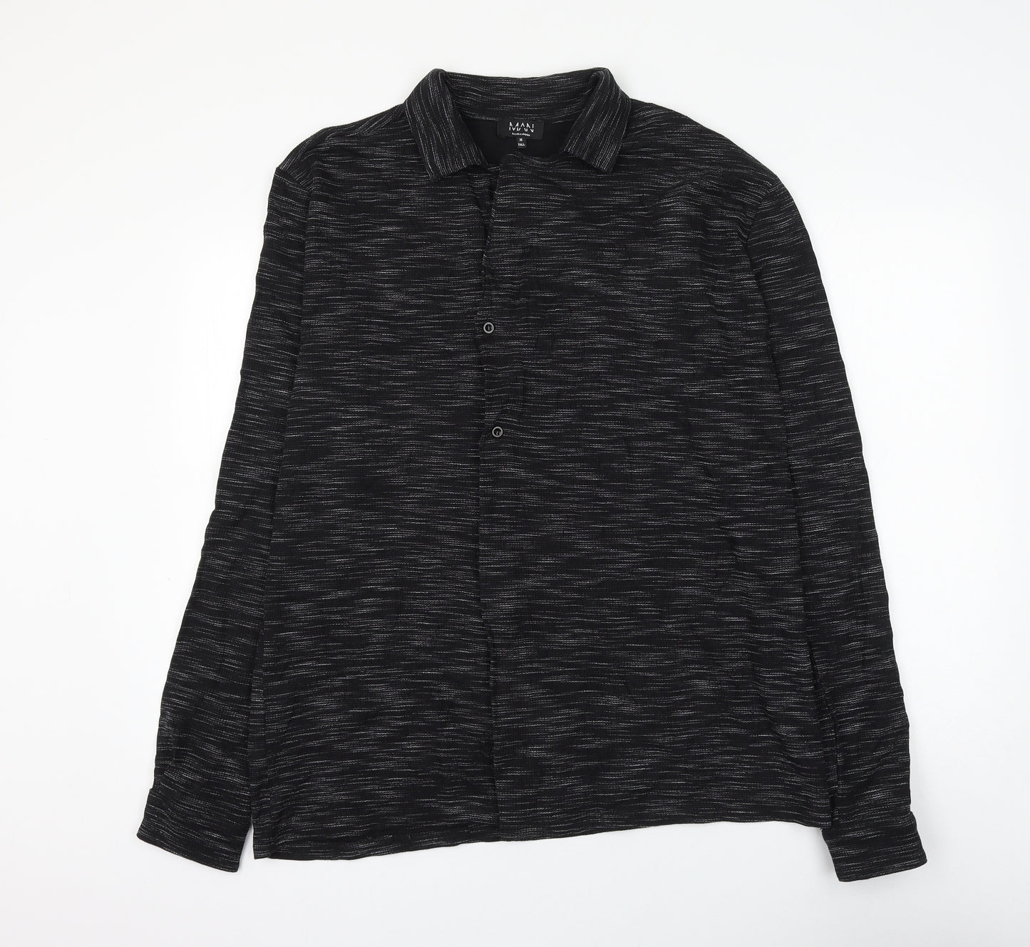 BoohooMAN Mens Black Striped Cotton Button-Up Size M Collared Button