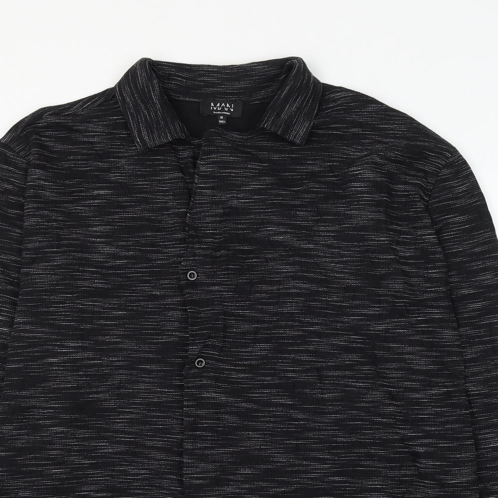 BoohooMAN Mens Black Striped Cotton Button-Up Size M Collared Button