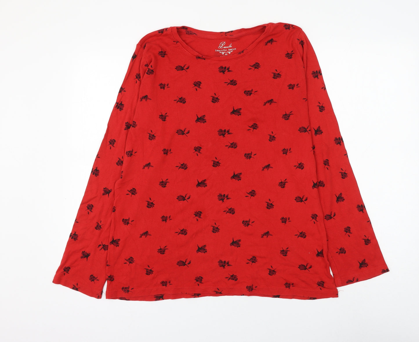 Peacocks Womens Red Floral Polyester Basic T-Shirt Size 22 Round Neck
