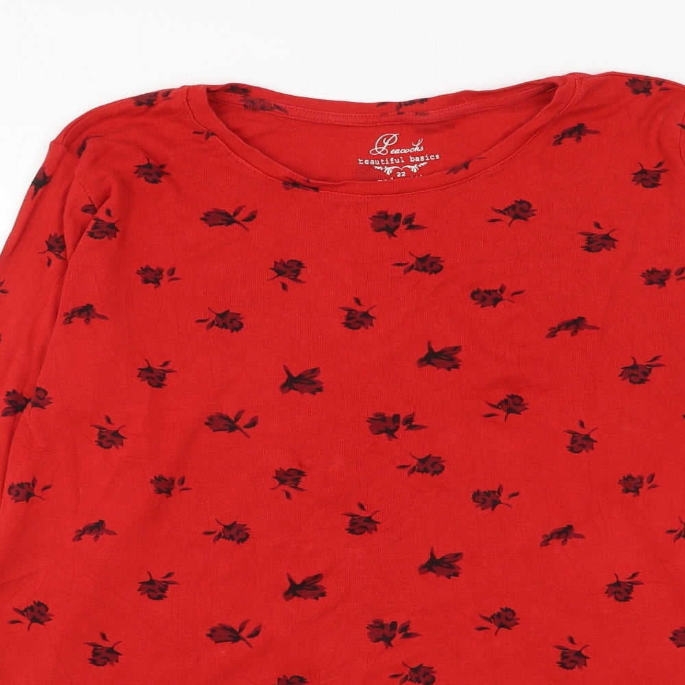 Peacocks Womens Red Floral Polyester Basic T-Shirt Size 22 Round Neck