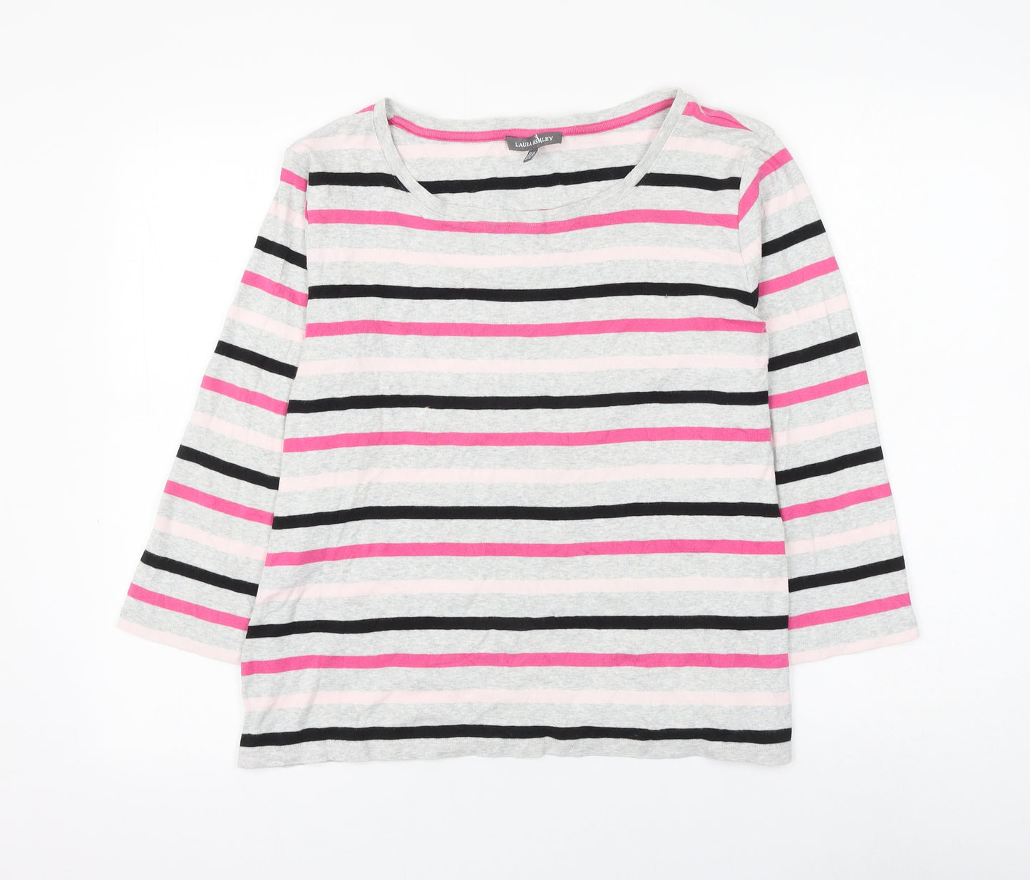Laura Ashley Womens Grey Striped Cotton Basic T-Shirt Size 14 Round Neck