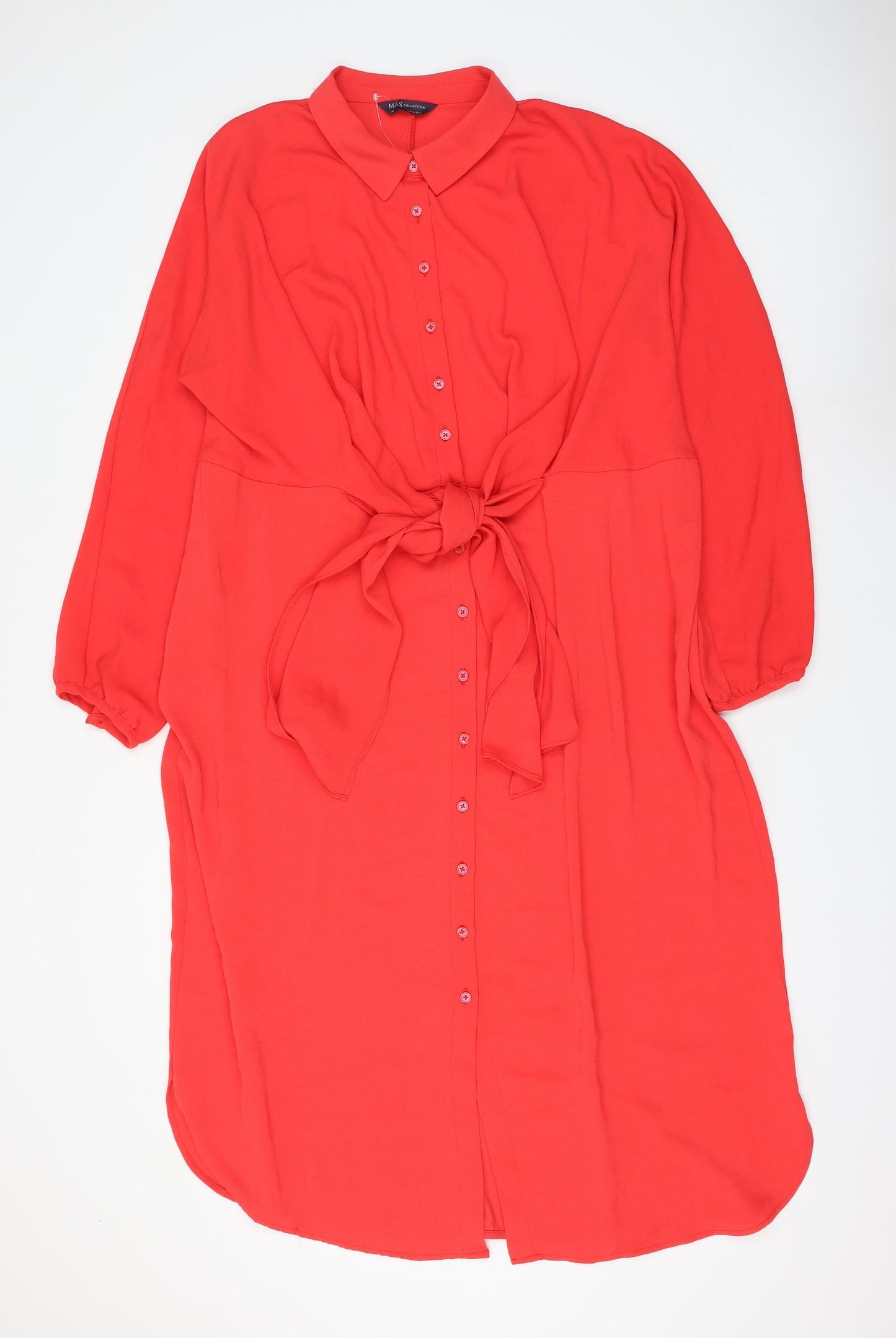 Marks and Spencer Womens Red Polyester Shirt Dress Size 20 Collared Button - Knot Front
