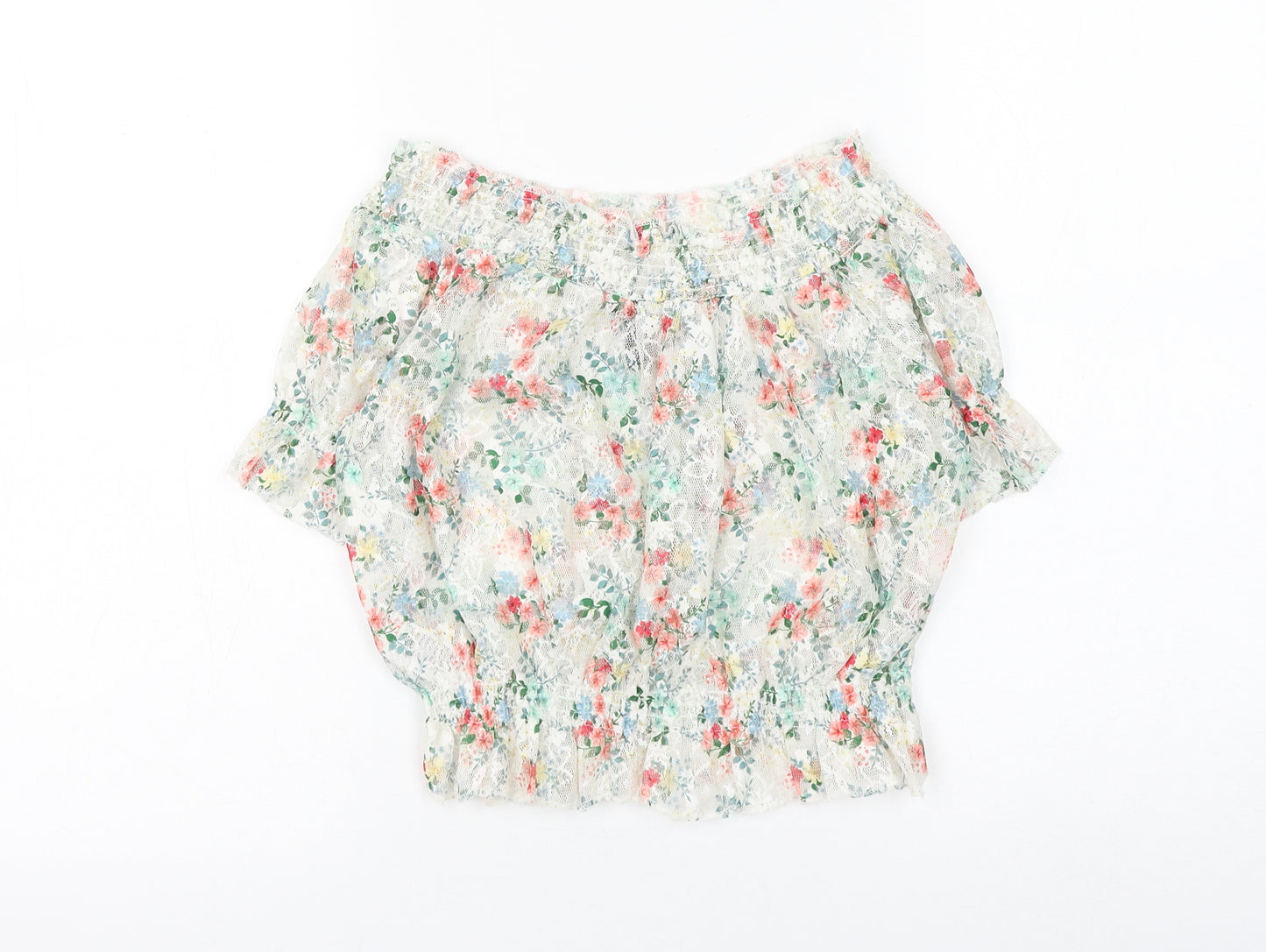New Look Womens White Floral Polyester Cropped Blouse Size 12 Round Neck