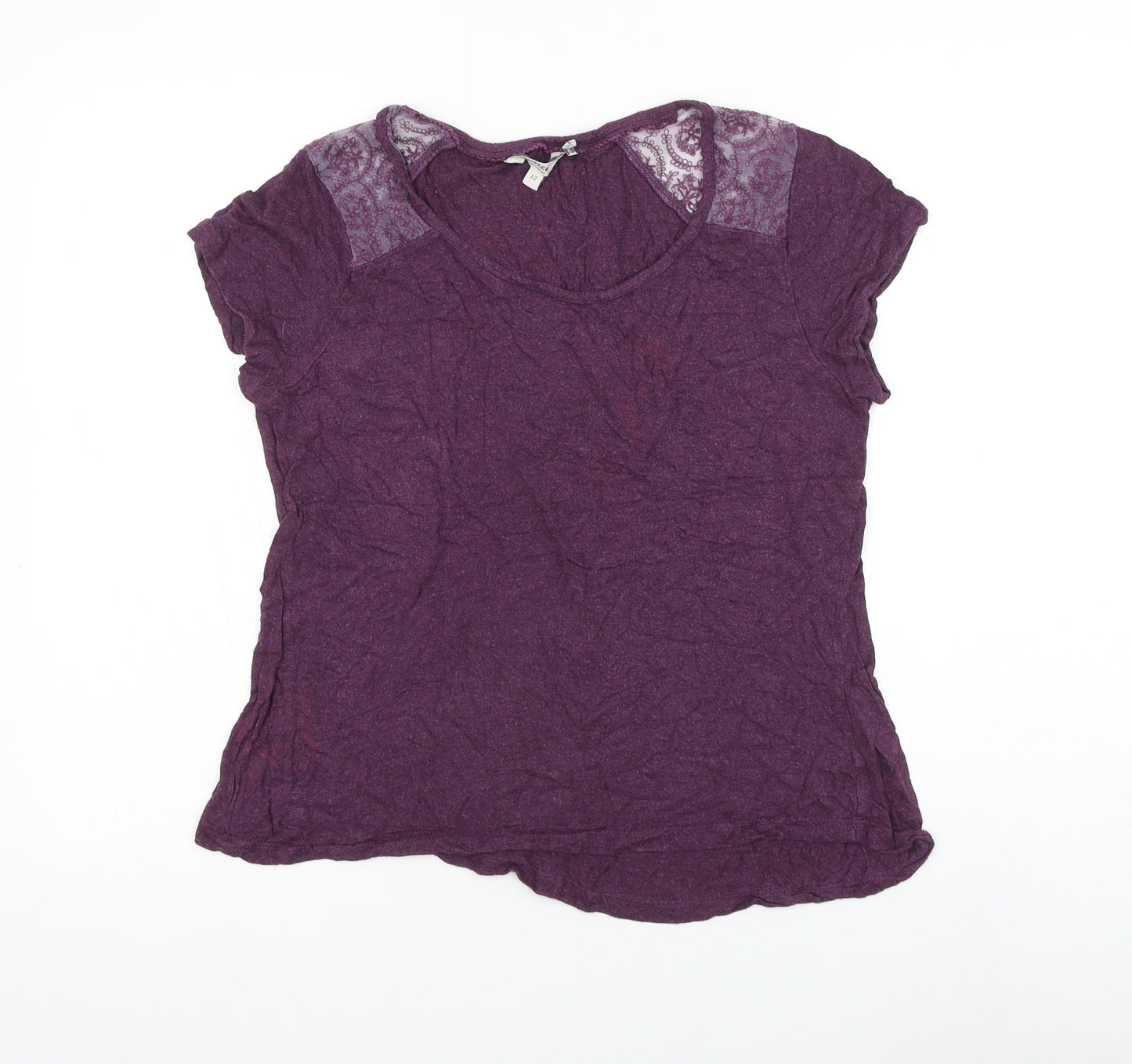 Fat Face Womens Purple Viscose Basic T-Shirt Size 12 Scoop Neck - Lace Detailing