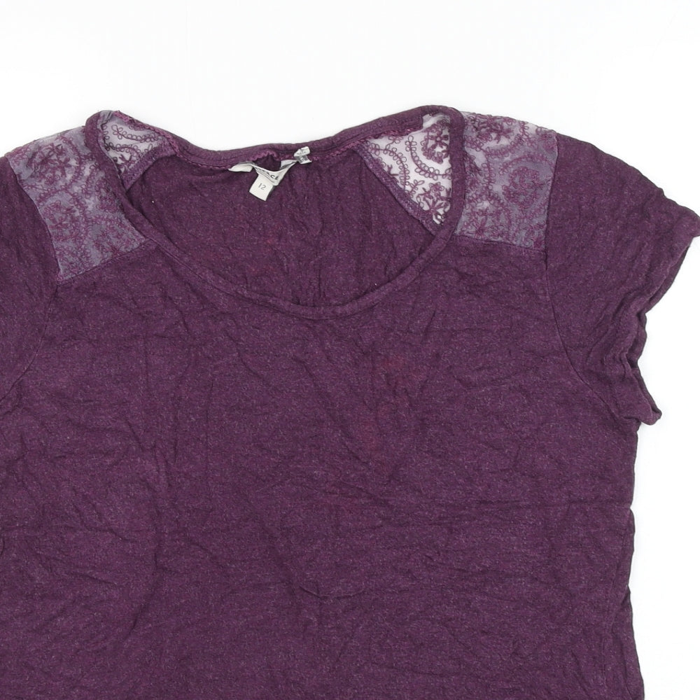Fat Face Womens Purple Viscose Basic T-Shirt Size 12 Scoop Neck - Lace Detailing