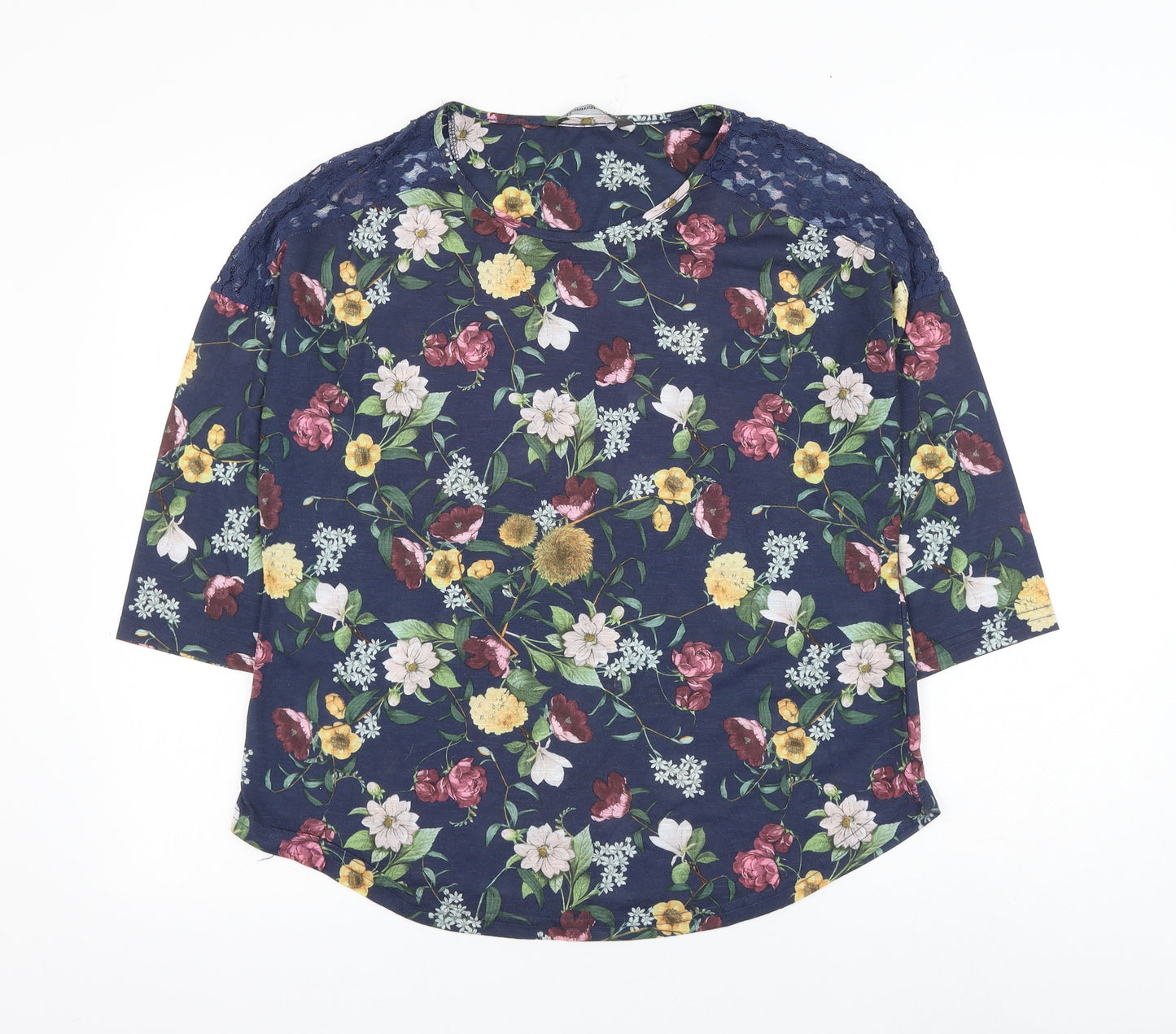 Bonmarché Womens Blue Floral Cotton Basic Blouse Size 14 Round Neck - Lace Detailing