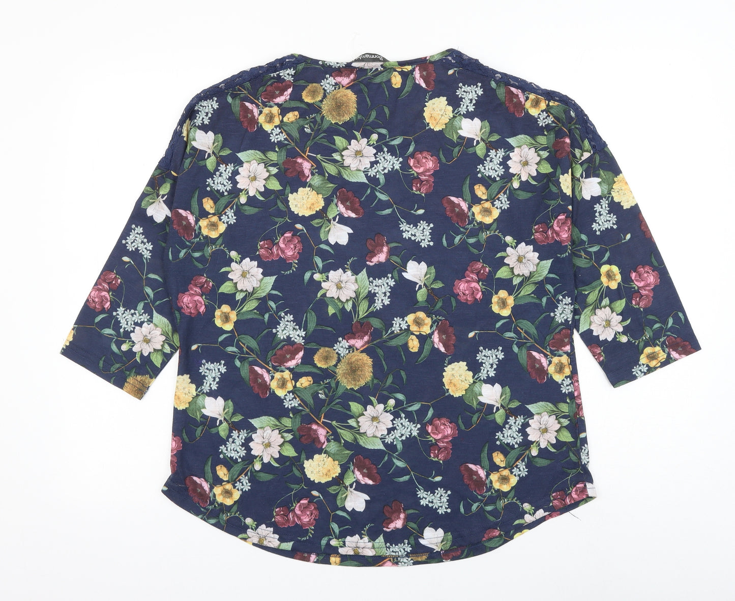 Bonmarché Womens Blue Floral Cotton Basic Blouse Size 14 Round Neck - Lace Detailing
