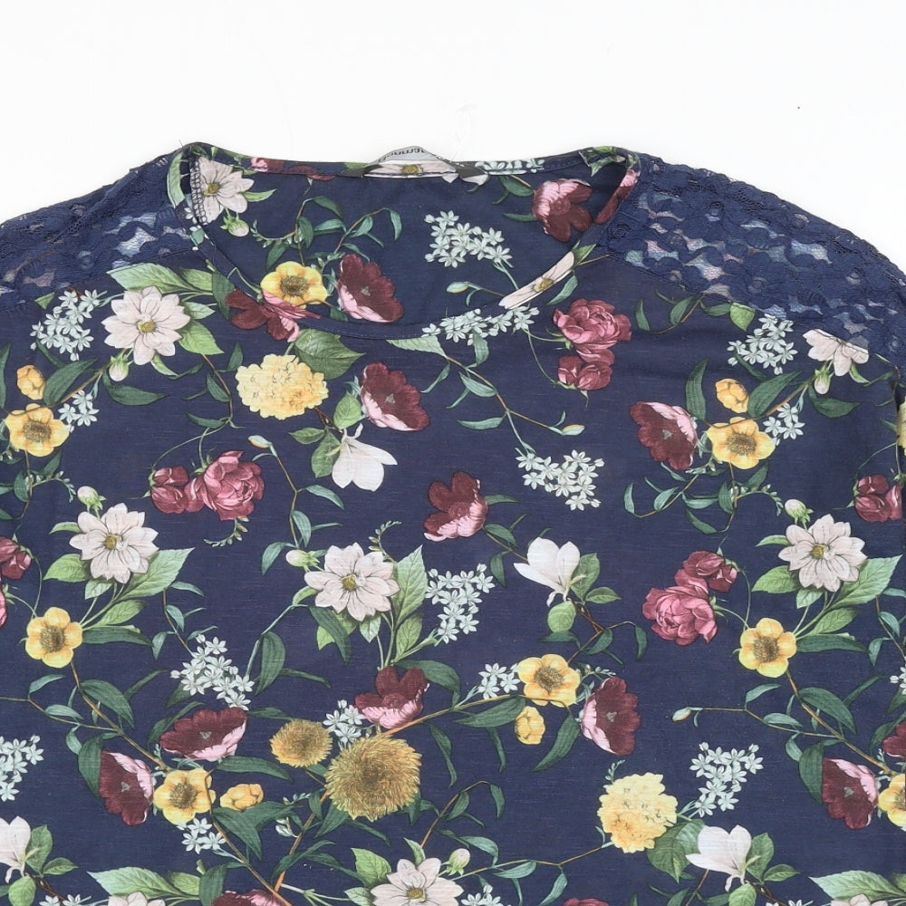 Bonmarché Womens Blue Floral Cotton Basic Blouse Size 14 Round Neck - Lace Detailing