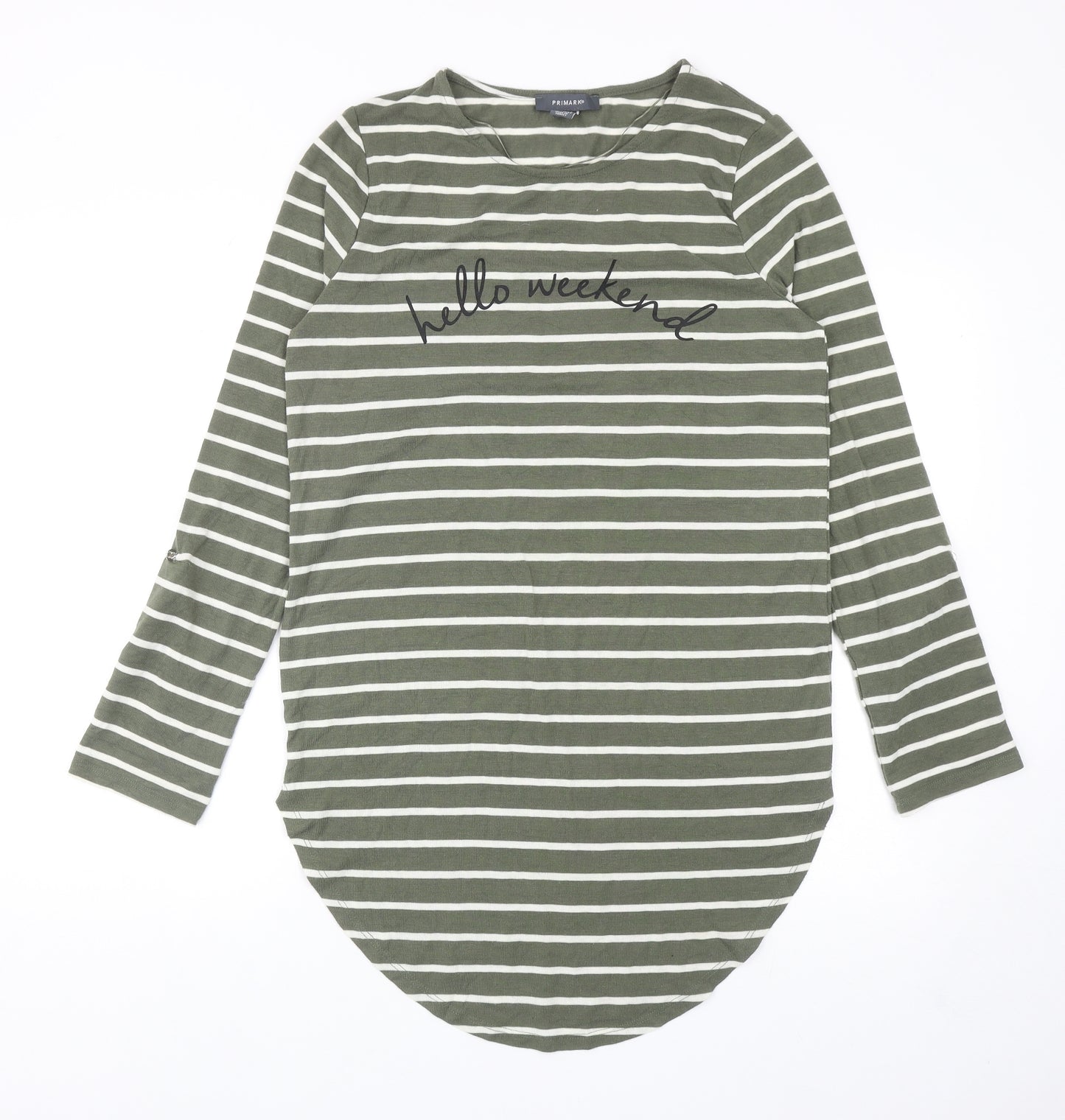 Primark Womens Green Striped Polyester Tunic T-Shirt Size S Round Neck - Hello Weekend