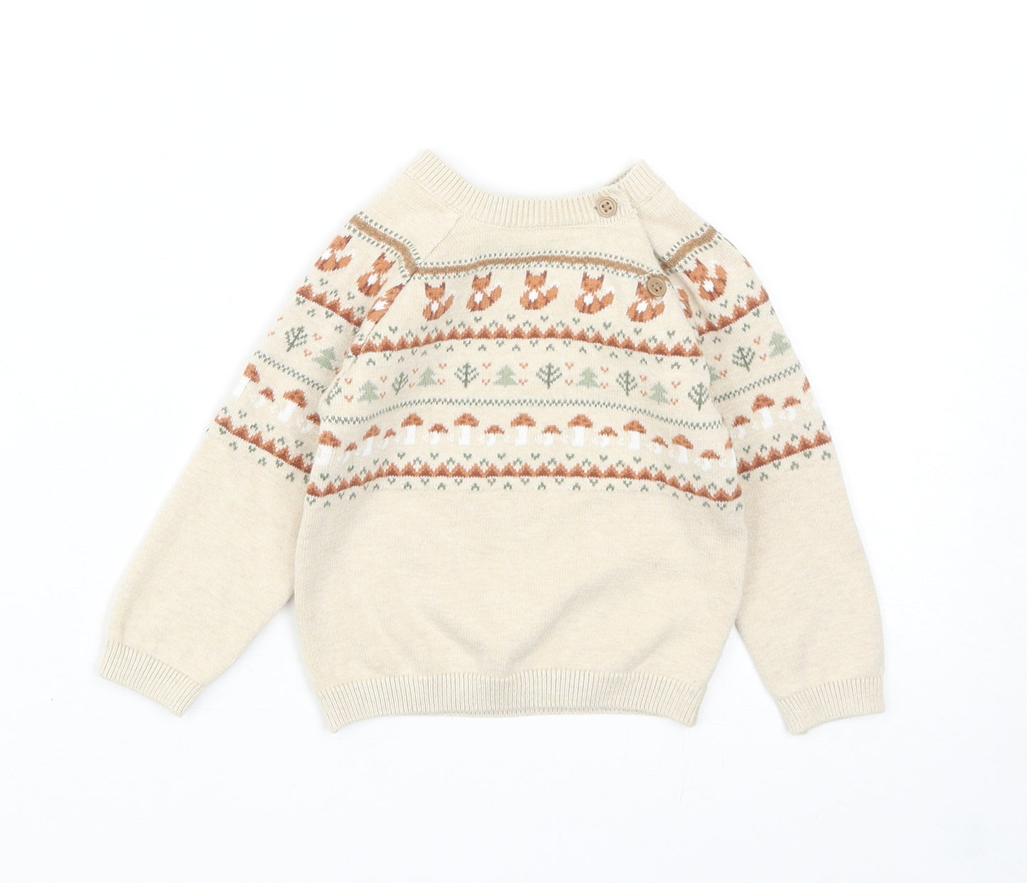 TU Baby Beige Fair Isle Cotton Pullover Jumper Size 3-6 Months Button - Mushrooms. Foxes