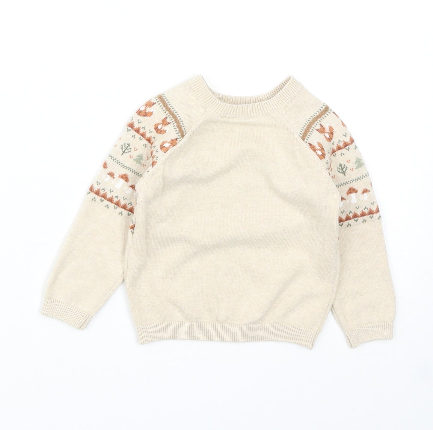 TU Baby Beige Fair Isle Cotton Pullover Jumper Size 3-6 Months Button - Mushrooms. Foxes