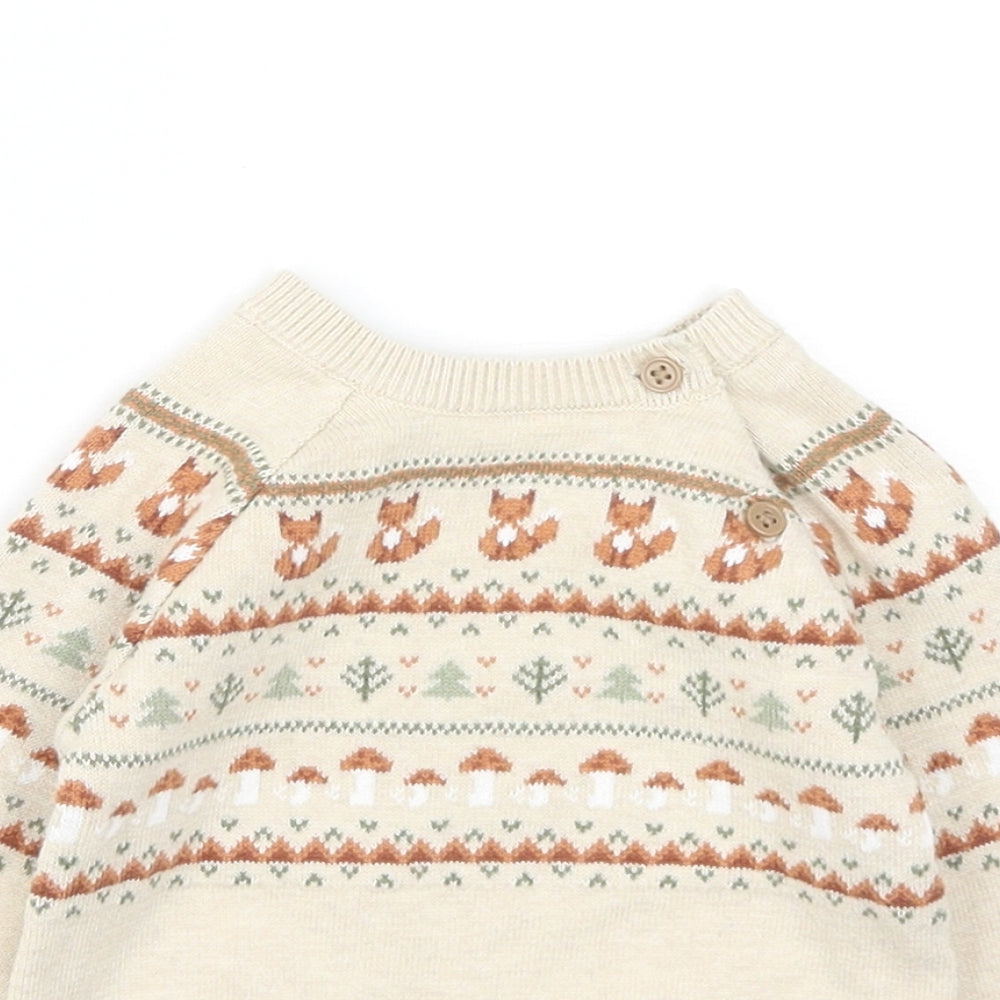 TU Baby Beige Fair Isle Cotton Pullover Jumper Size 3-6 Months Button - Mushrooms. Foxes