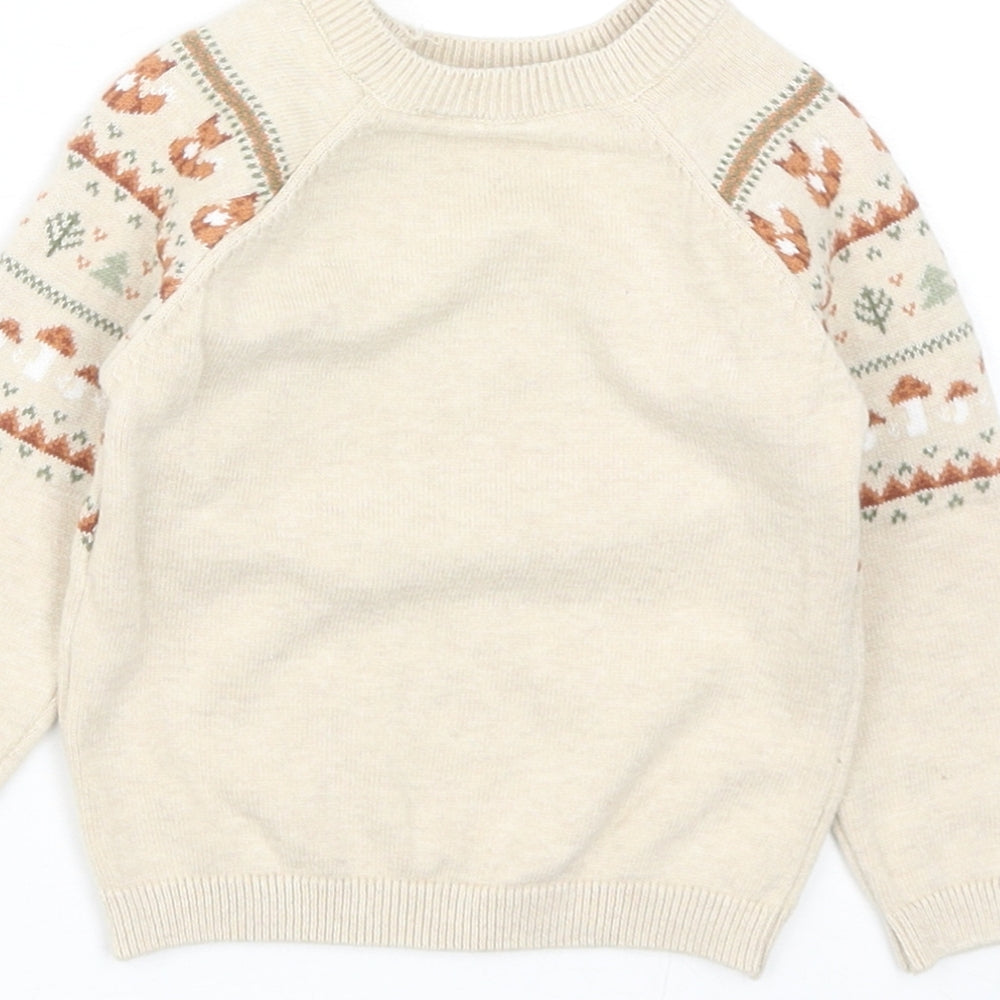 TU Baby Beige Fair Isle Cotton Pullover Jumper Size 3-6 Months Button - Mushrooms. Foxes