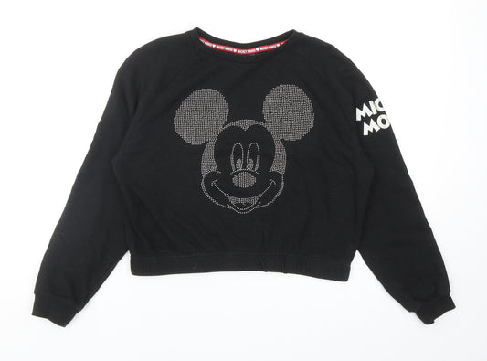 Front view of Primark girls’ black cotton pullover sweatshirt, size 11-12, years pullover - mickey mouse