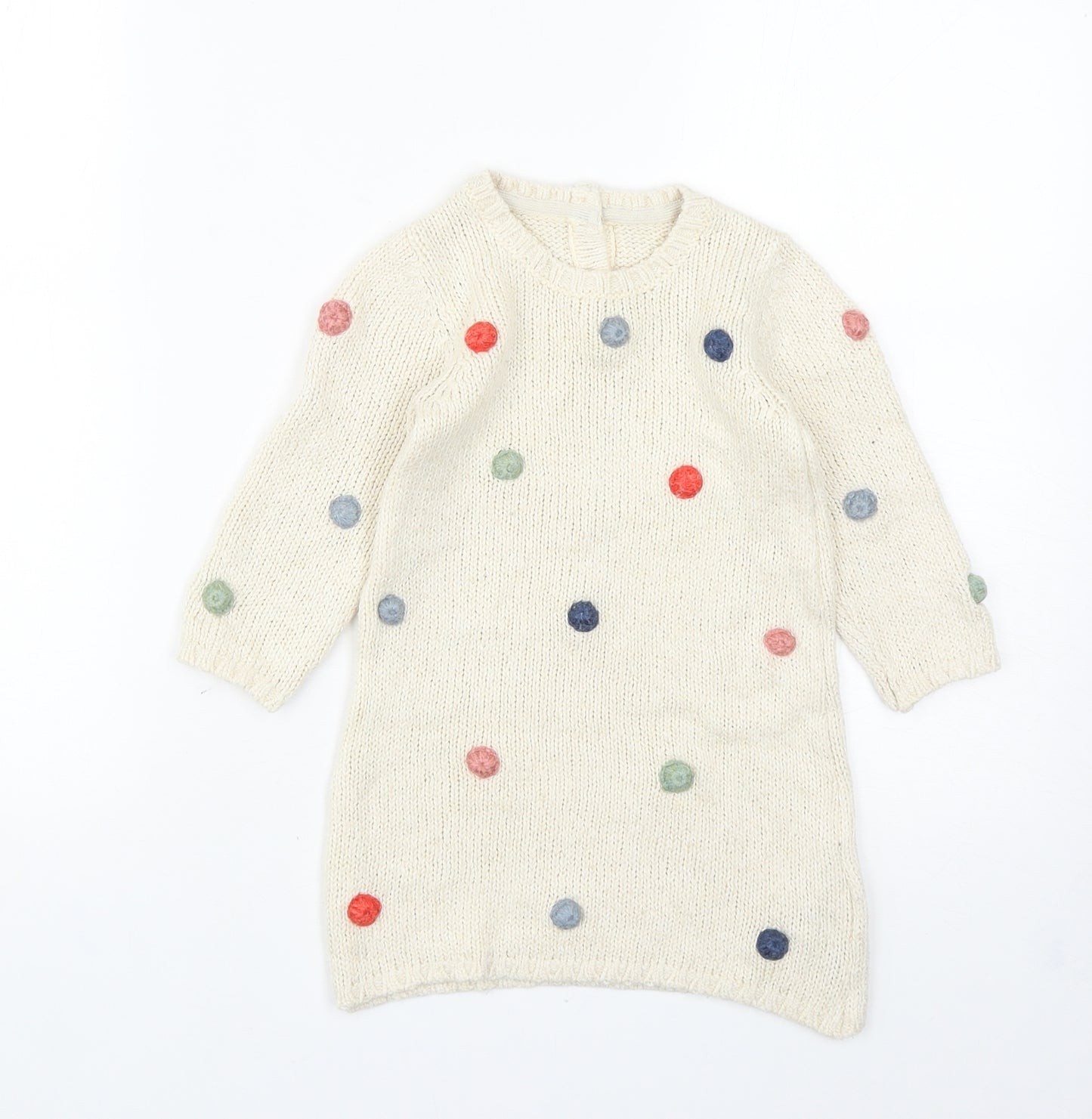 Marks and Spencer Girls Ivory Polka Dot Acrylic Jumper Dress Size 12-18 Months Round Neck Button - Textured