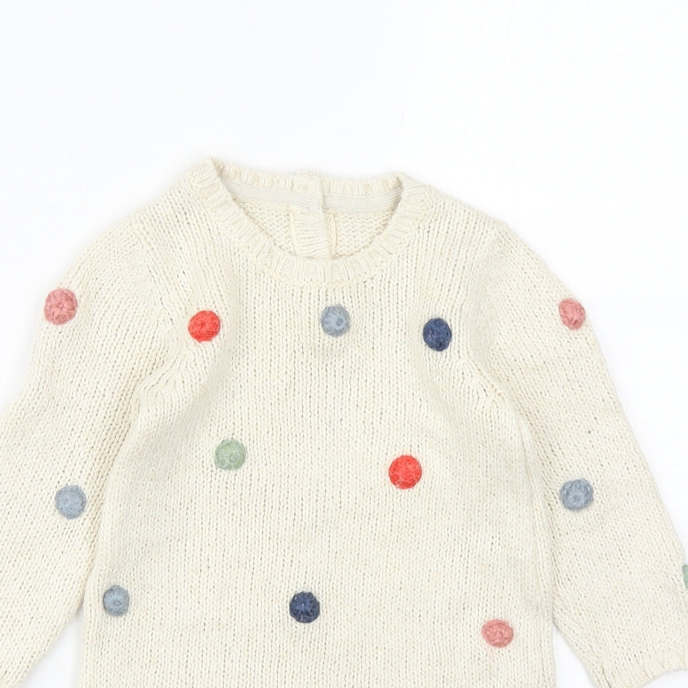 Marks and Spencer Girls Ivory Polka Dot Acrylic Jumper Dress Size 12-18 Months Round Neck Button - Textured