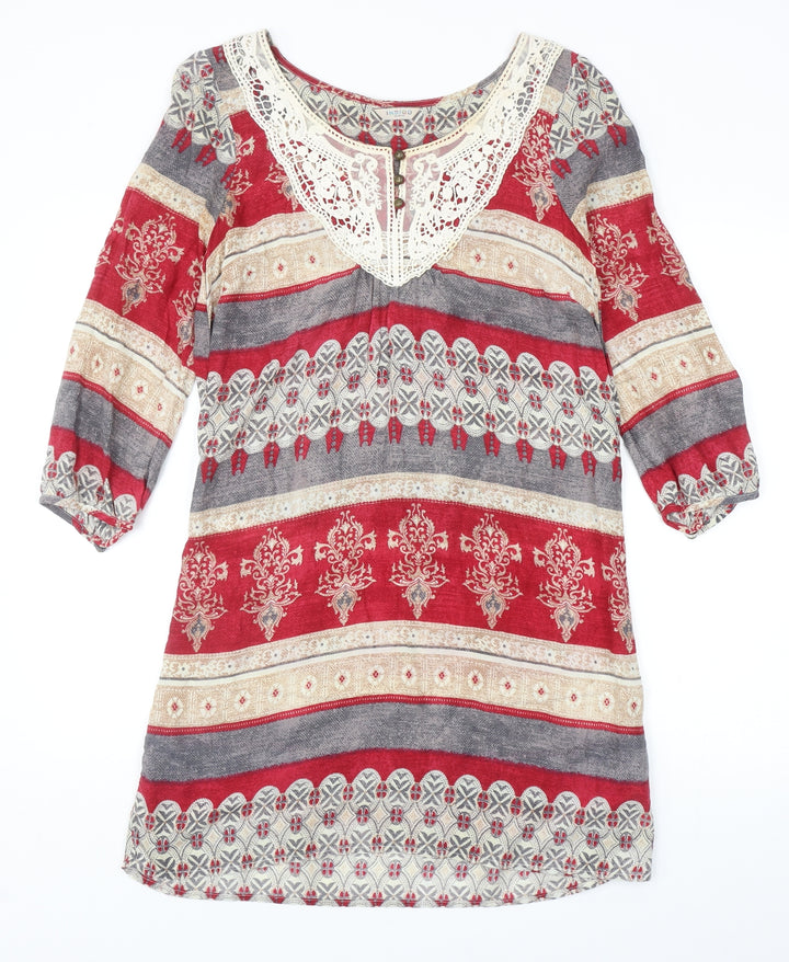 Indigo Womens Multicoloured Geometric Viscose A-Line Size 8 Scoop Neck Pullover