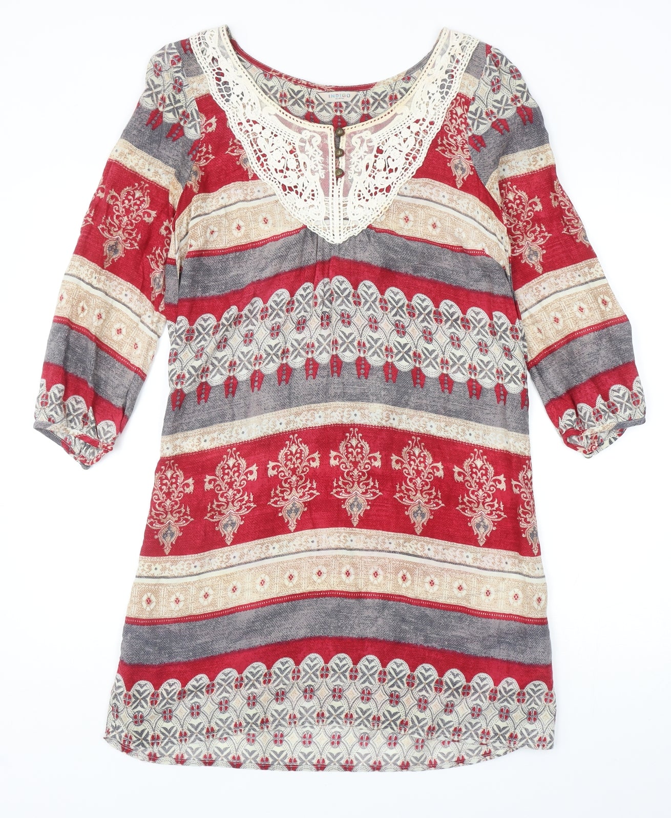 Indigo Womens Multicoloured Geometric Viscose A-Line Size 8 Scoop Neck Pullover