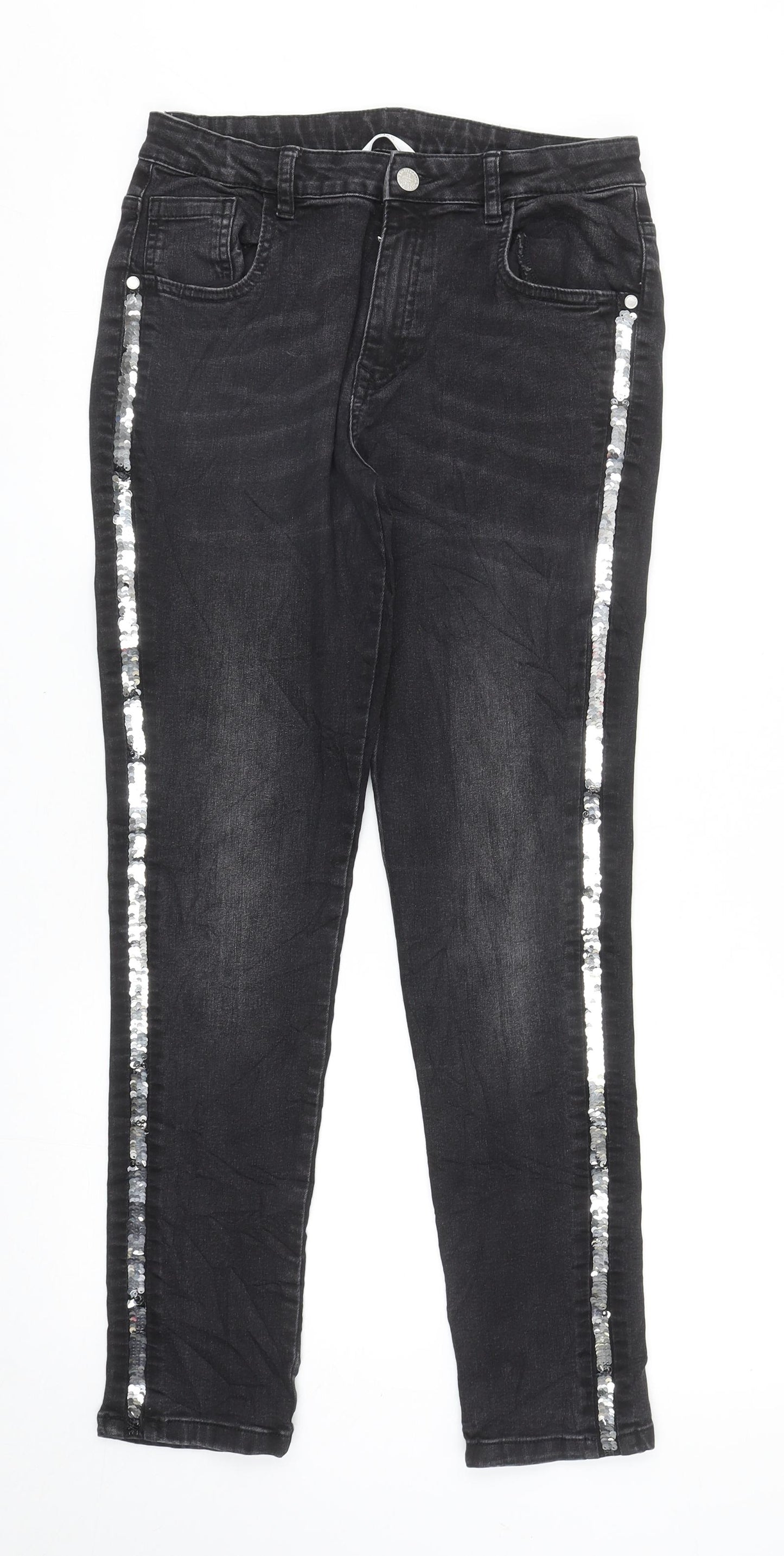 Marks and Spencer Girls Black Cotton Skinny Jeans Size 14-15 Years L28.5 in Regular Zip