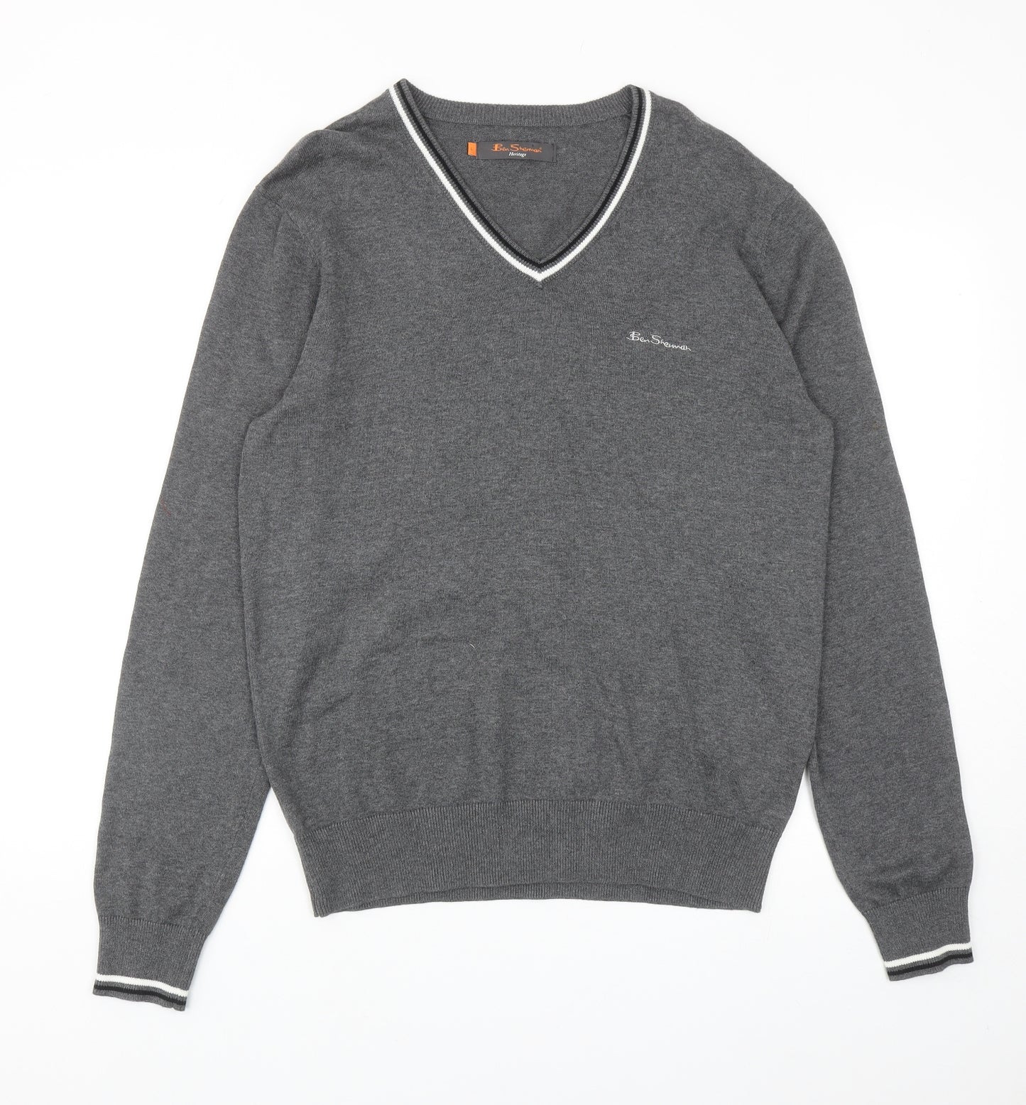 Ben Sherman Mens Grey V-Neck Cotton Pullover Jumper Size L - Contrasting Trim