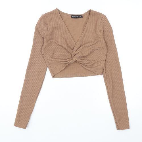 PRETTYLITTLETHING Womens Brown Polyester Cropped T-Shirt Size 8 V-Neck - Twist Detail