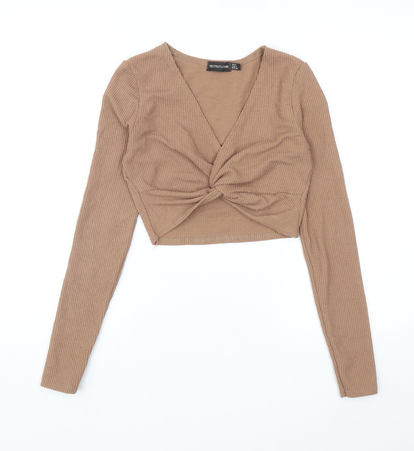 PRETTYLITTLETHING Womens Brown Polyester Cropped T-Shirt Size 8 V-Neck - Twist Detail
