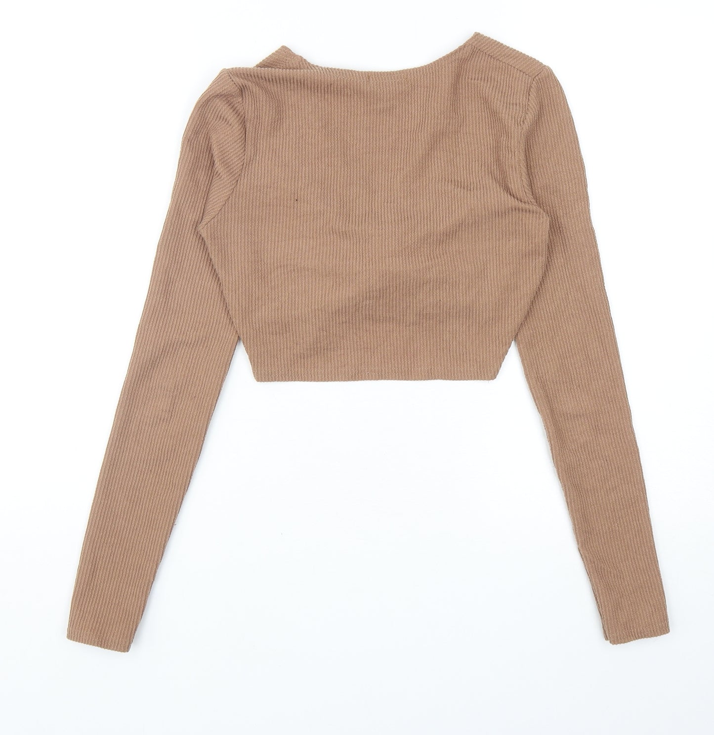 PRETTYLITTLETHING Womens Brown Polyester Cropped T-Shirt Size 8 V-Neck - Twist Detail