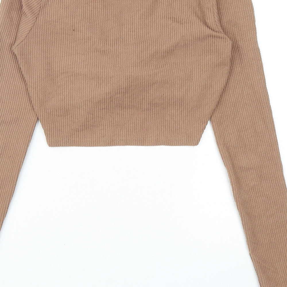 PRETTYLITTLETHING Womens Brown Polyester Cropped T-Shirt Size 8 V-Neck - Twist Detail