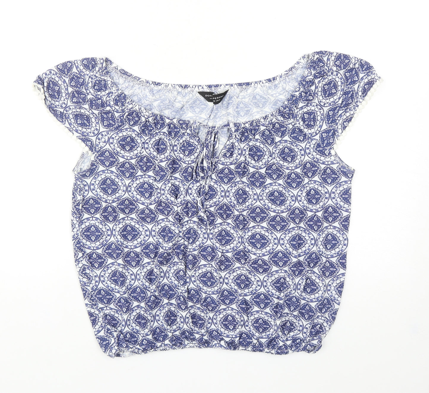 Dorothy Perkins Womens Blue Geometric Viscose Basic T-Shirt Size 12 Boat Neck