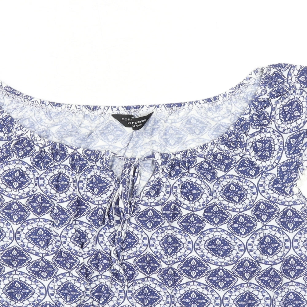 Dorothy Perkins Womens Blue Geometric Viscose Basic T-Shirt Size 12 Boat Neck