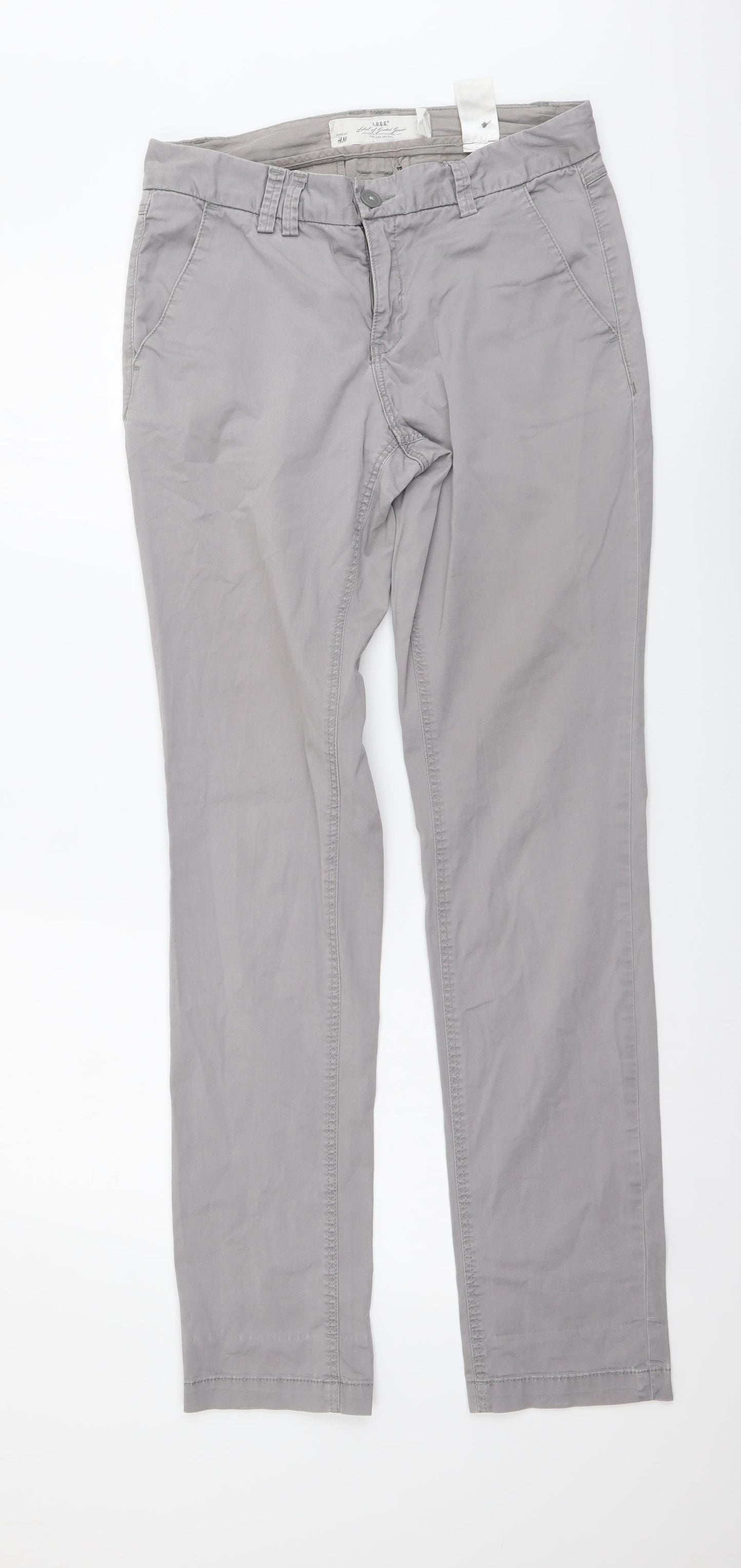 H&M Womens Grey Cotton Chino Trousers Size S L32 in Regular Button