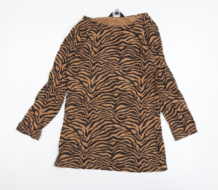 Dorothy Perkins Womens Brown Animal Print Cotton Basic Blouse Size 8 Boat Neck - Tigger Pattern