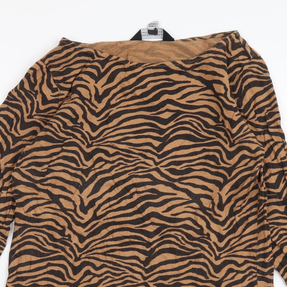 Dorothy Perkins Womens Brown Animal Print Cotton Basic Blouse Size 8 Boat Neck - Tigger Pattern