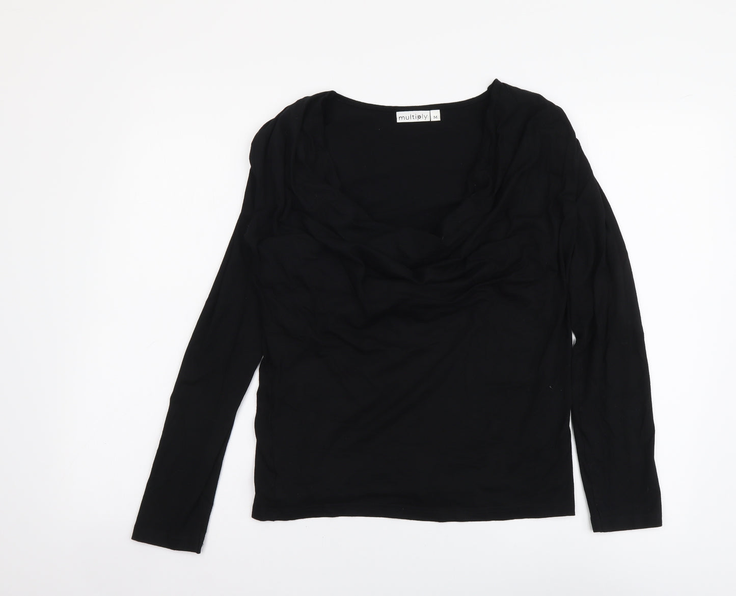 Multiply Womens Black Polyester Basic T-Shirt Size M Cowl Neck